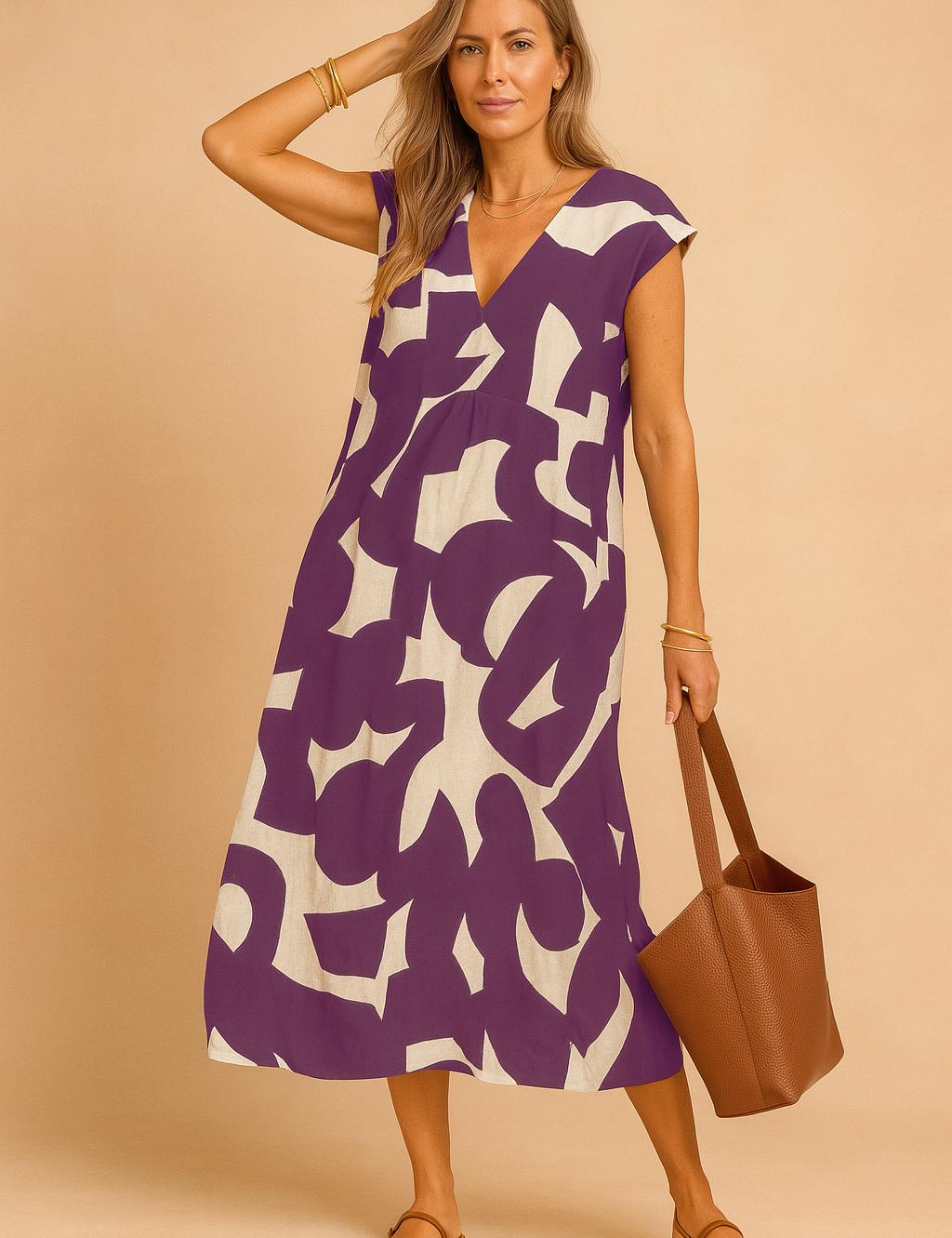 Paarse midi-jurk met abstracte print en V-hals