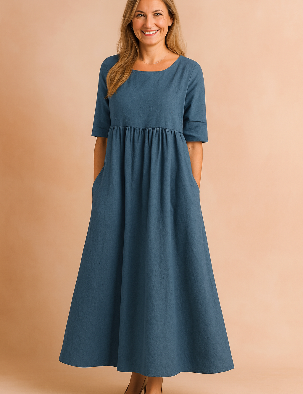 Petrolblauwe midi-jurk met hoge taille, linnenlook en wijd uitlopende rok met steekzakken
