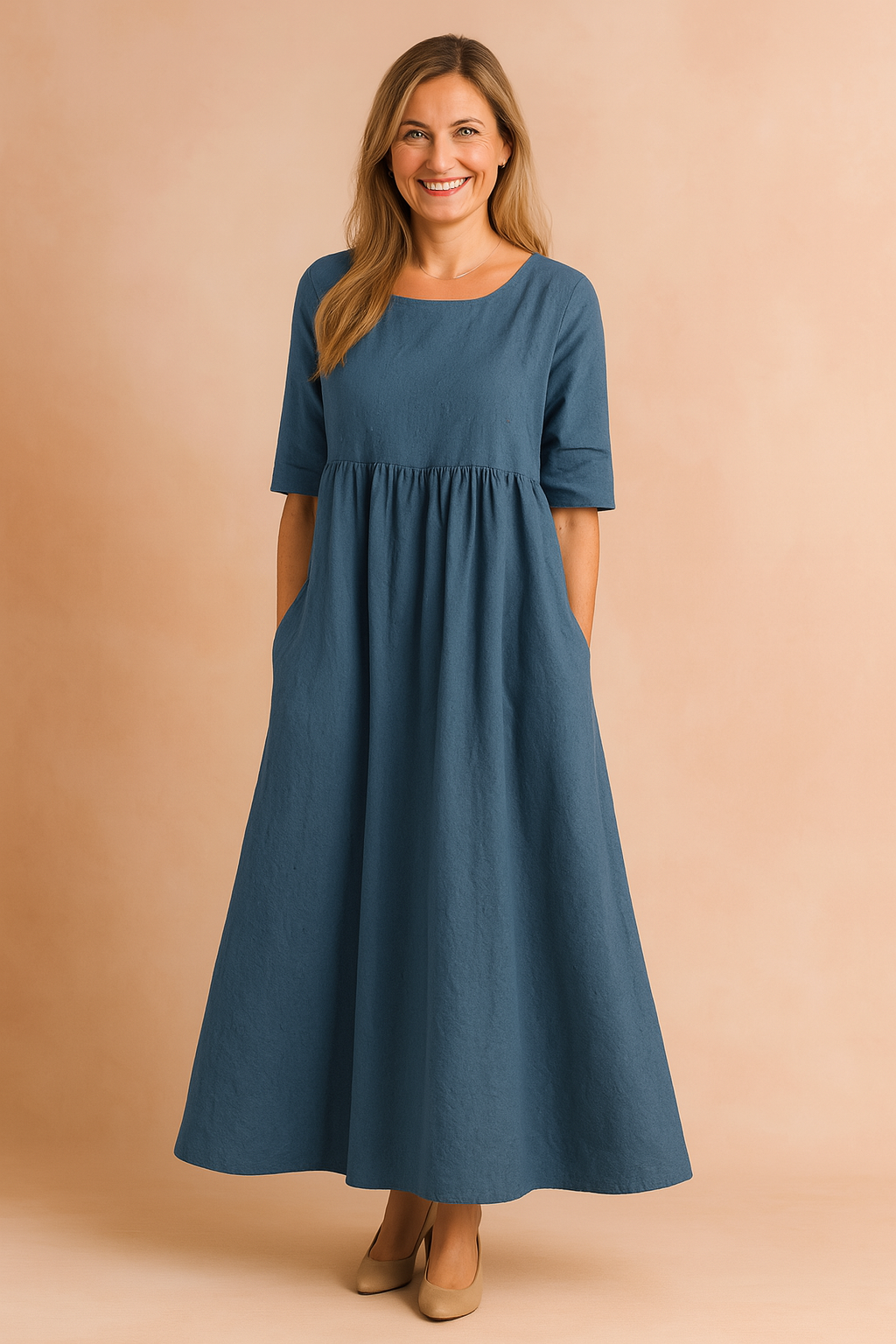 Petrolblauwe midi-jurk met hoge taille, linnenlook en wijd uitlopende rok met steekzakken