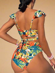 Tweedelig bikini-set met tropische bladprint, diepe V-hals met ruffelmouwen en hoge taille slip met plooidetail