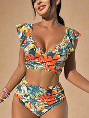 Tweedelig bikini-set met tropische bladprint, diepe V-hals met ruffelmouwen en hoge taille slip met plooidetail