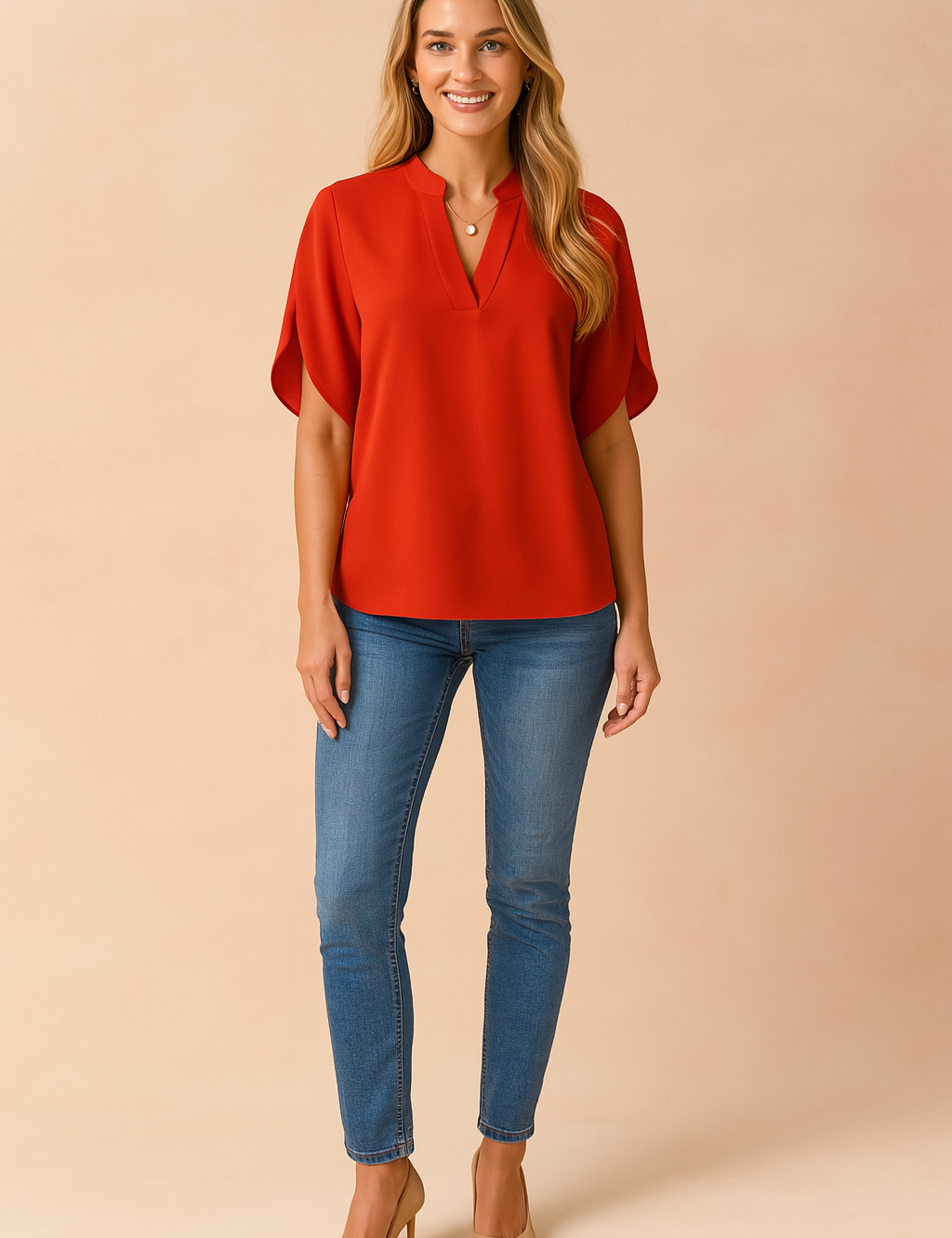 Effen rode blouse met stijlvolle V-halsuitsnijding en korte mouwen met een subtiele omslag. Gemaakt van een soepele stof met een licht glanzende afwerking.