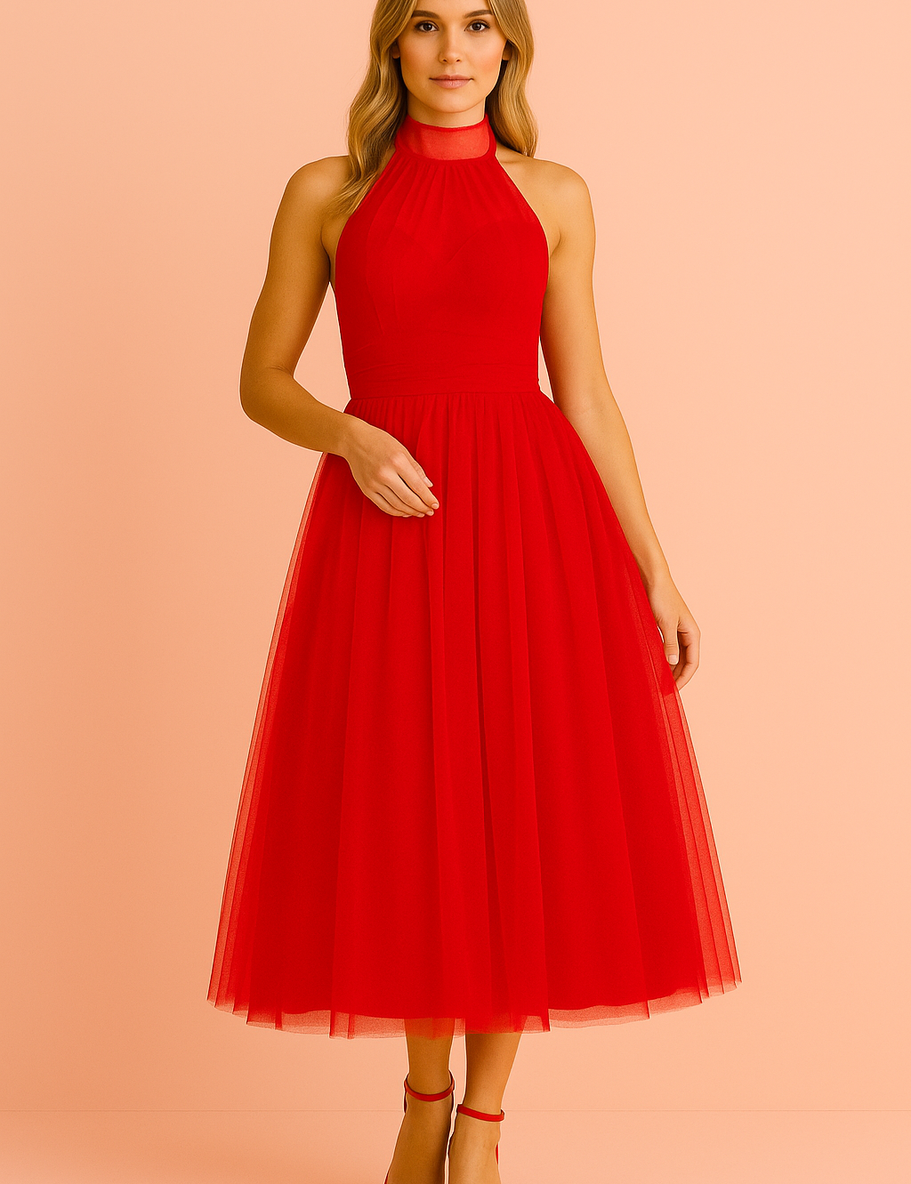 Rode halterjurk met tule rok, opvallende midi feestjurk met hoge halslijn en elegante uitstraling.