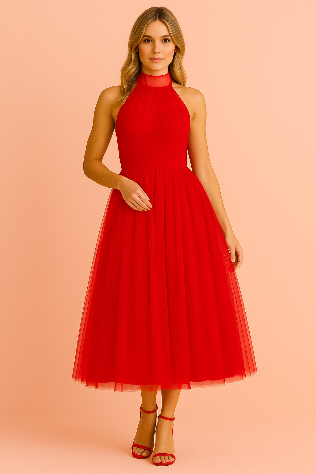 Rode halterjurk met tule rok, opvallende midi feestjurk met hoge halslijn en elegante uitstraling.