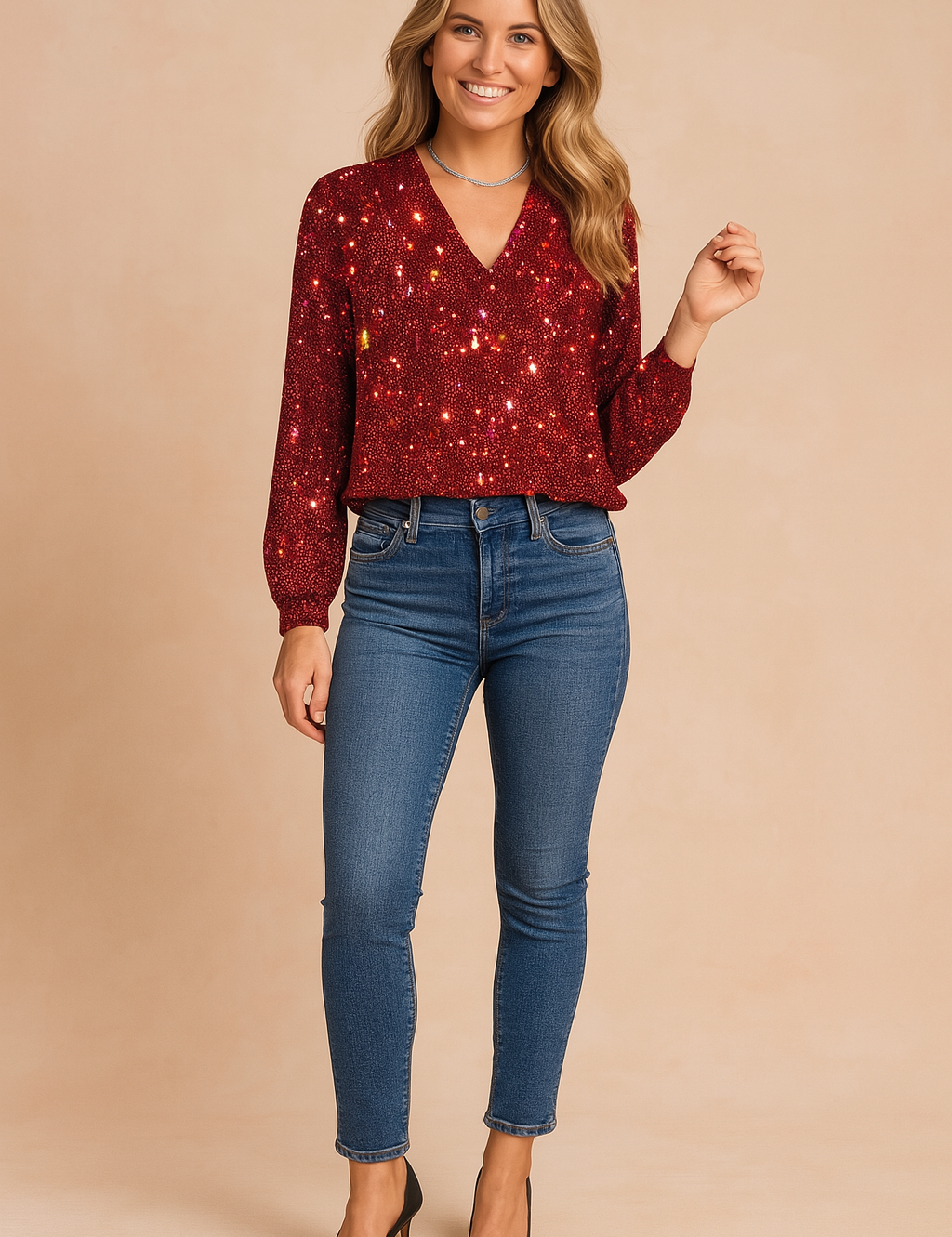 Statement trui met diepe V-hals, elastische boorden en rijkelijk bedekte rode pailletten voor een feestelijke, sprankelende uitstraling. Perfect voor kerstdiners of feestavonden.