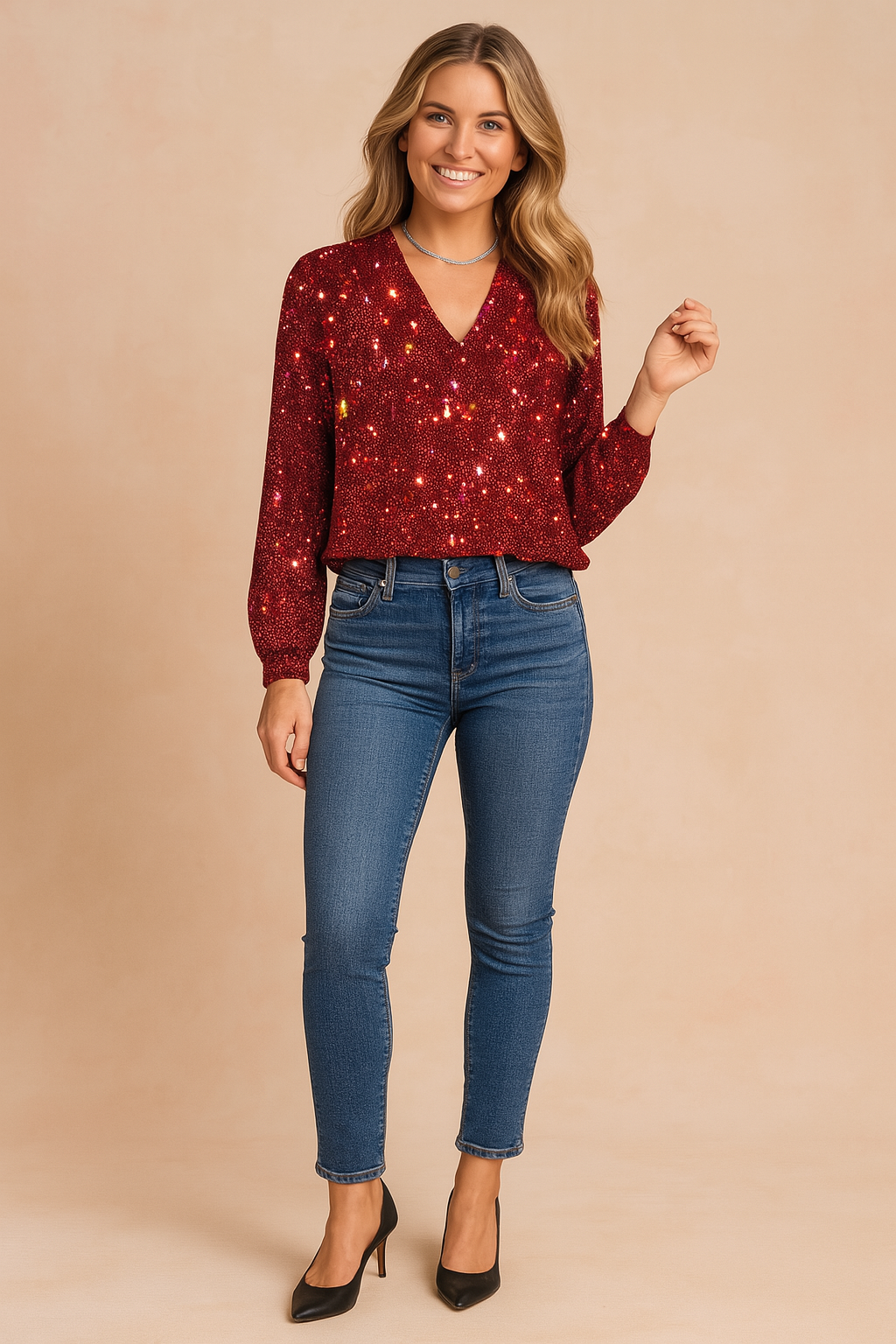Statement trui met diepe V-hals, elastische boorden en rijkelijk bedekte rode pailletten voor een feestelijke, sprankelende uitstraling. Perfect voor kerstdiners of feestavonden.