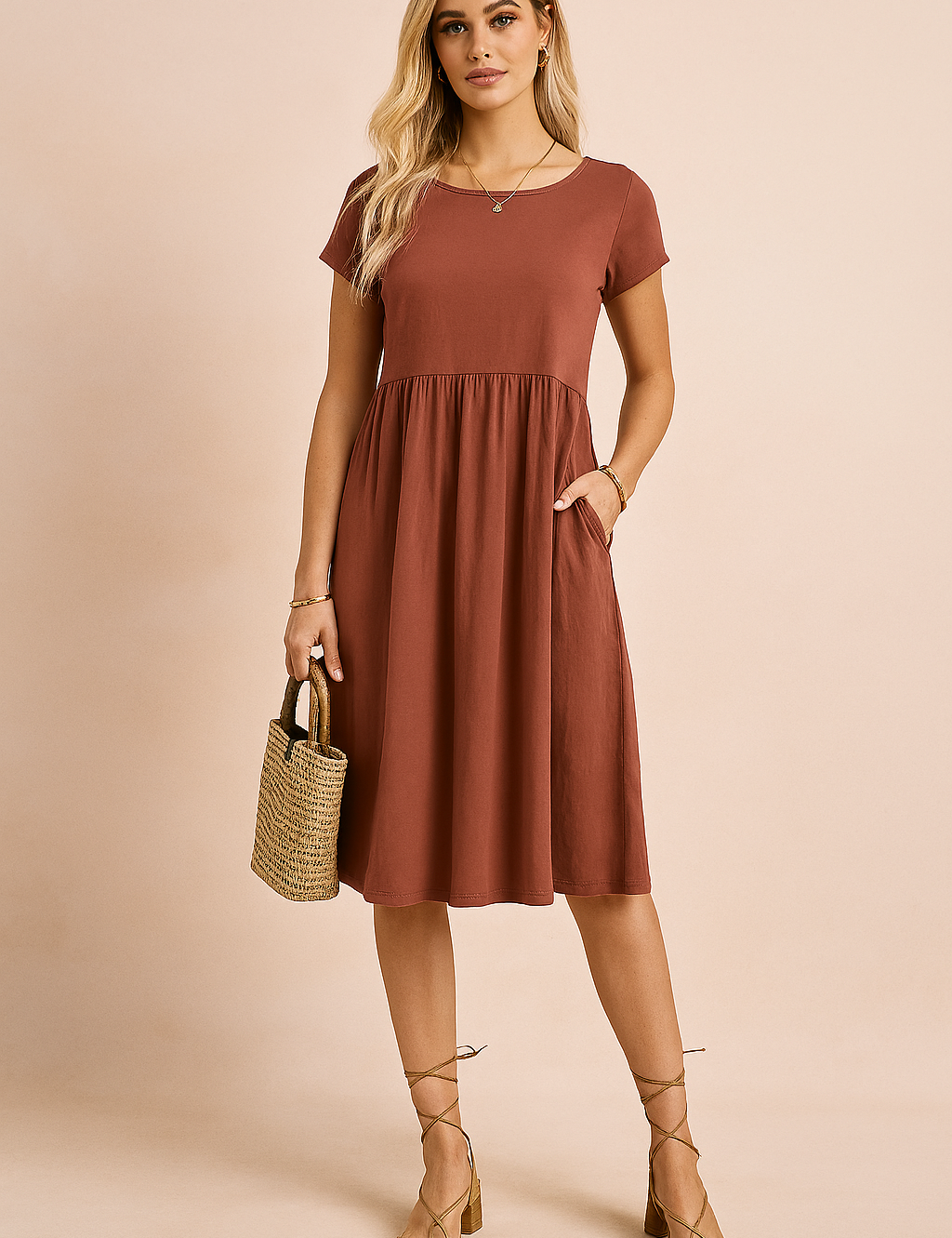 Roestbruine midi jurk met ronde hals en korte mouwen, geschikt voor zowel casual als werkoutfits.