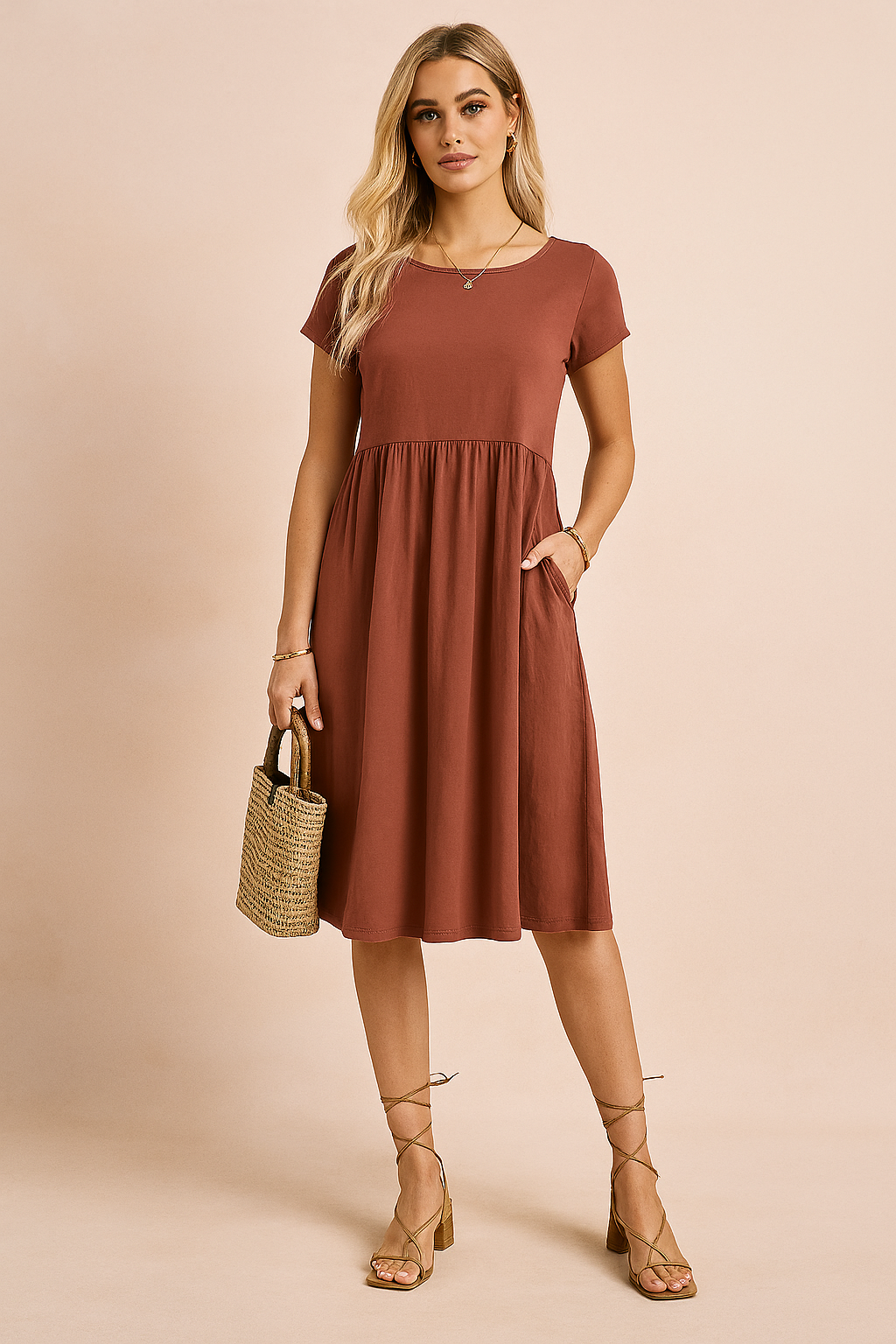 Roestbruine midi jurk met ronde hals en korte mouwen, geschikt voor zowel casual als werkoutfits.