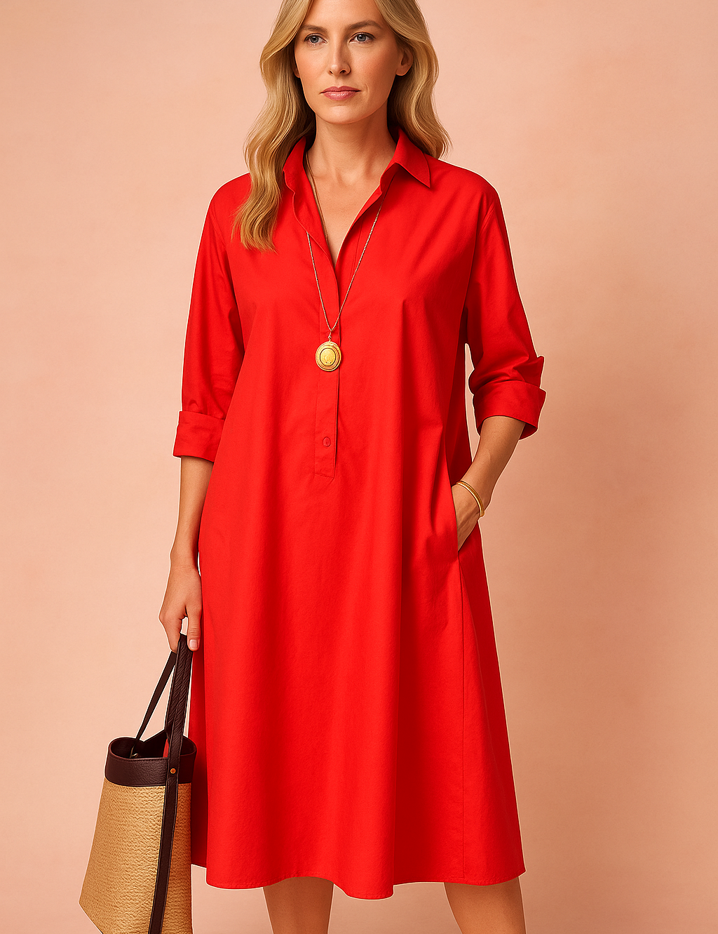 Rood midi-jurk met korte mouwen en geplooid detail in de taille, aansluitend ontwerp