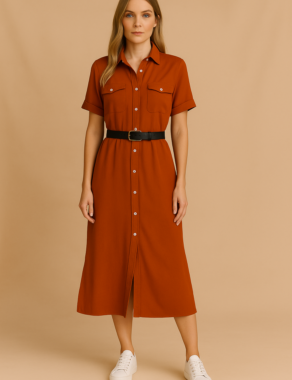 Roodbruine overhemdjurk met korte mouwen, zwarte riem en witte sneakers voor een casual look.