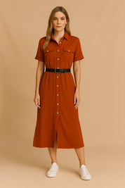 Roodbruine overhemdjurk met korte mouwen, zwarte riem en witte sneakers voor een casual look.