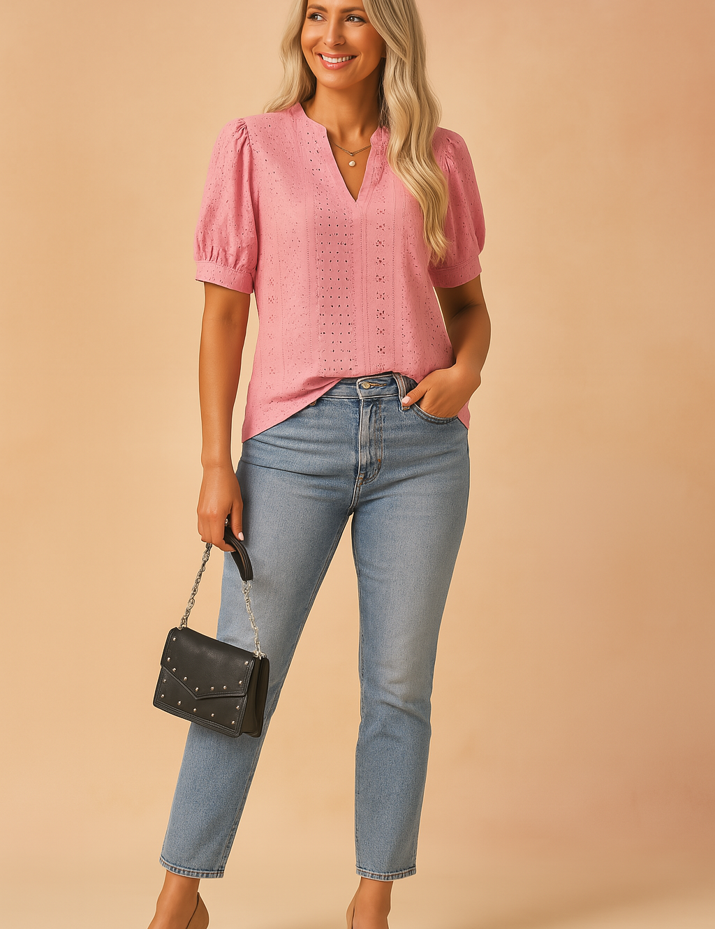 Roze blouse met korte pofmouwen, geperforeerd borduursel en flatterende V-halslijn.