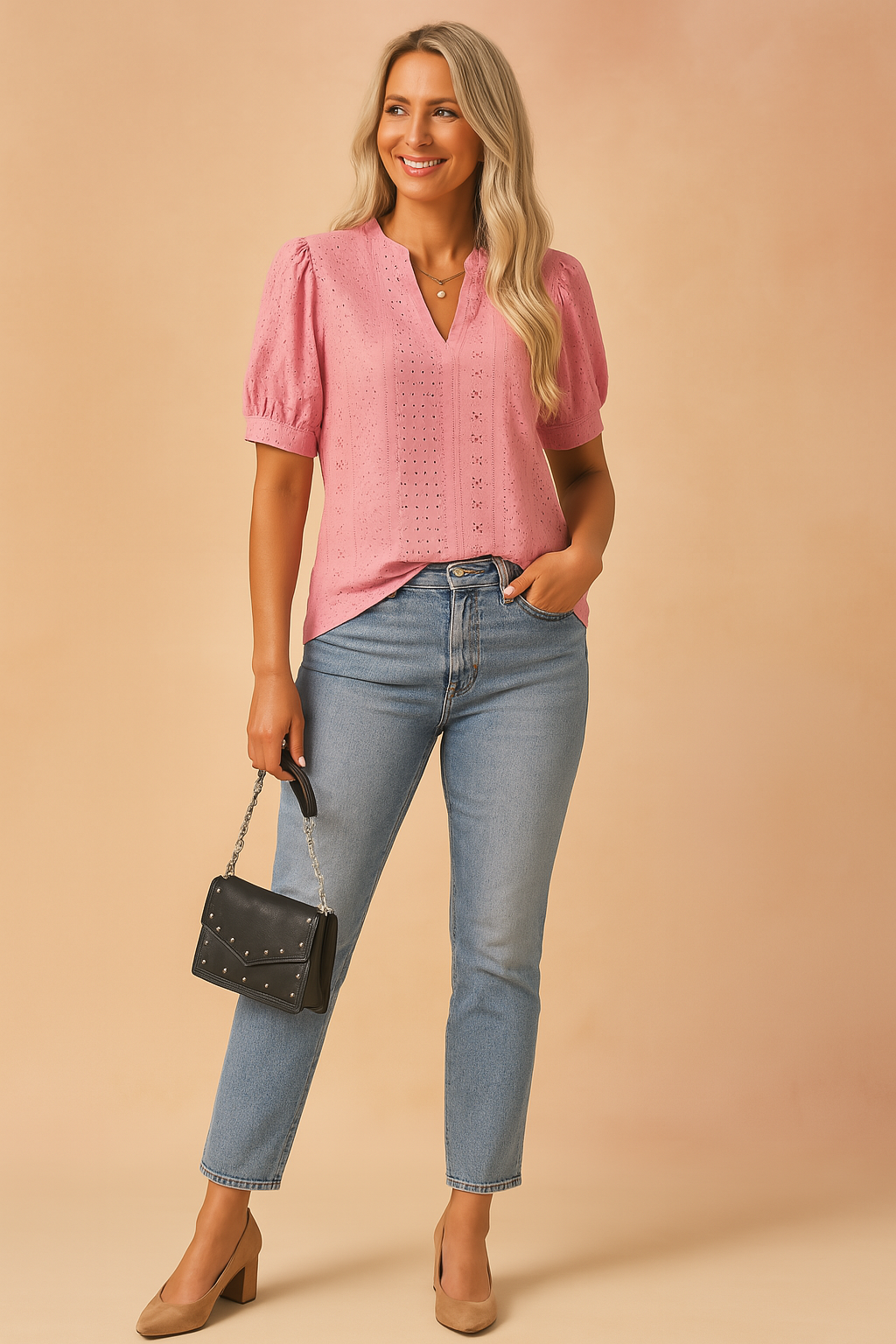 Roze blouse met korte pofmouwen, geperforeerd borduursel en flatterende V-halslijn.
