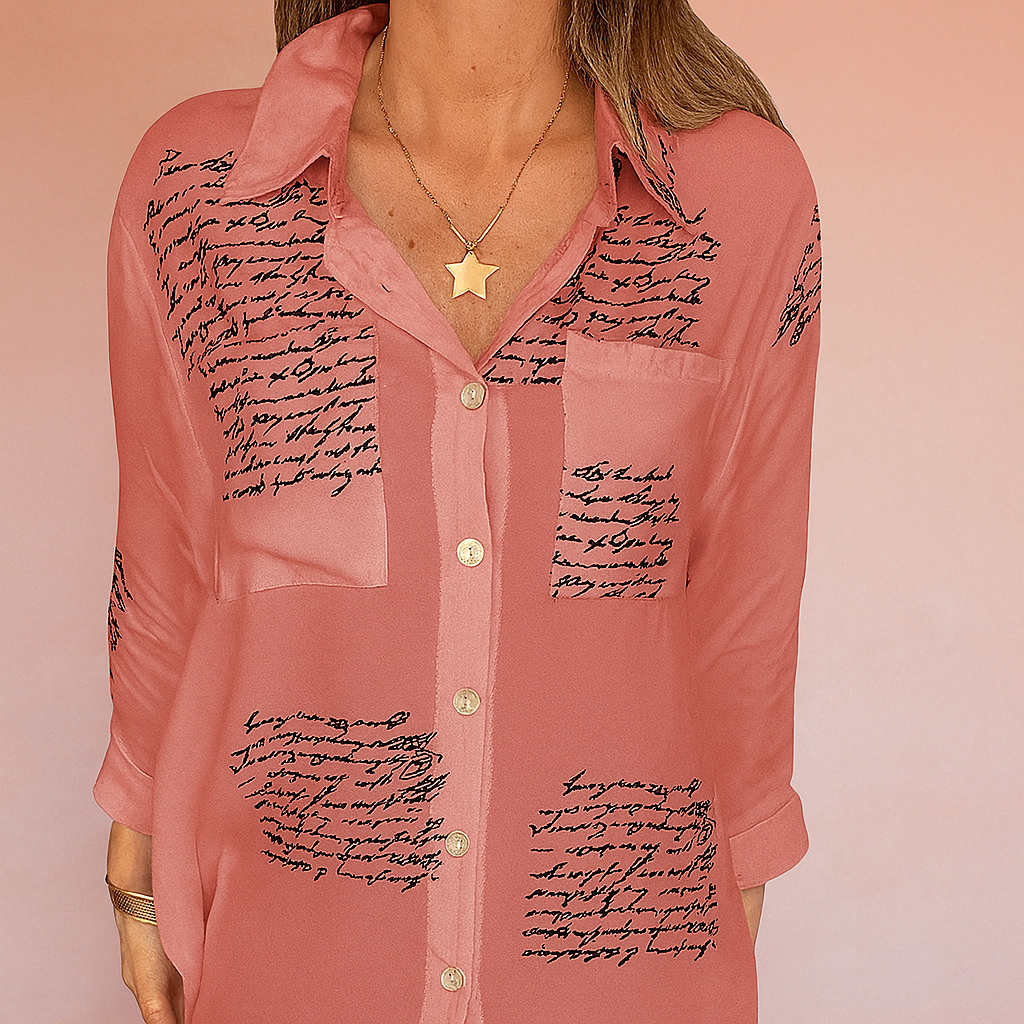 Roze blouse met zwarte handgeschreven tekstdetails en een losse pasvorm, voorzien van lange mouwen.