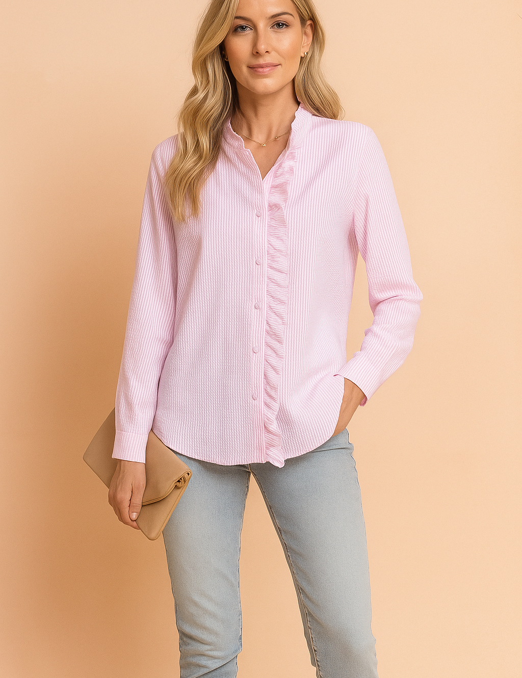Lichtroze blouse met fijne verticale strepen, ruches langs de knopenlijst en een opstaande kraag voor een verfijnde uitstraling.