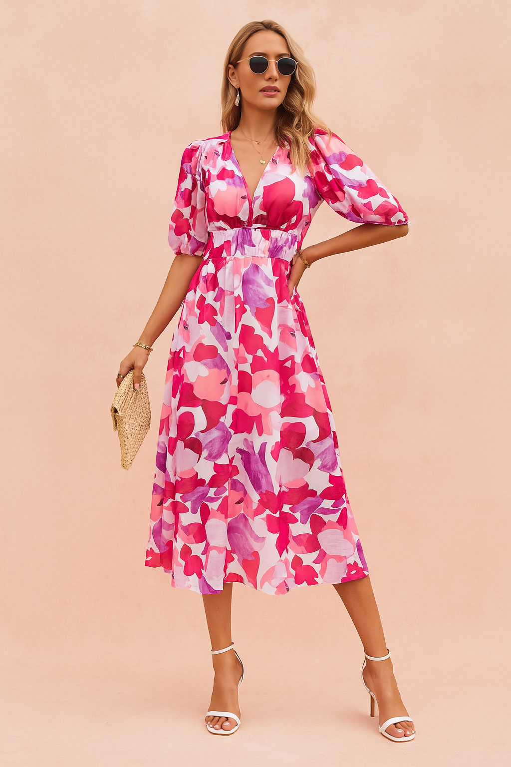 Midi-jurk met roze en groene bladprint, V-hals en driekwart mouwen, met gesmokte taille en gelaagde rok.