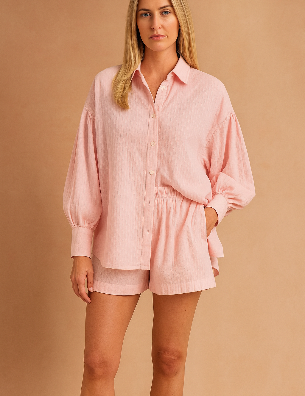 Roze dames co-ord set met korte mouwen en loszittende short met zakken