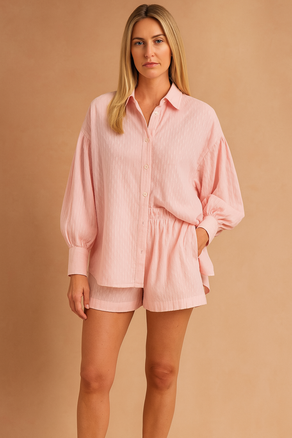Roze dames co-ord set met korte mouwen en loszittende short met zakken