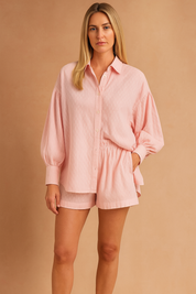 Roze dames co-ord set met korte mouwen en loszittende short met zakken
