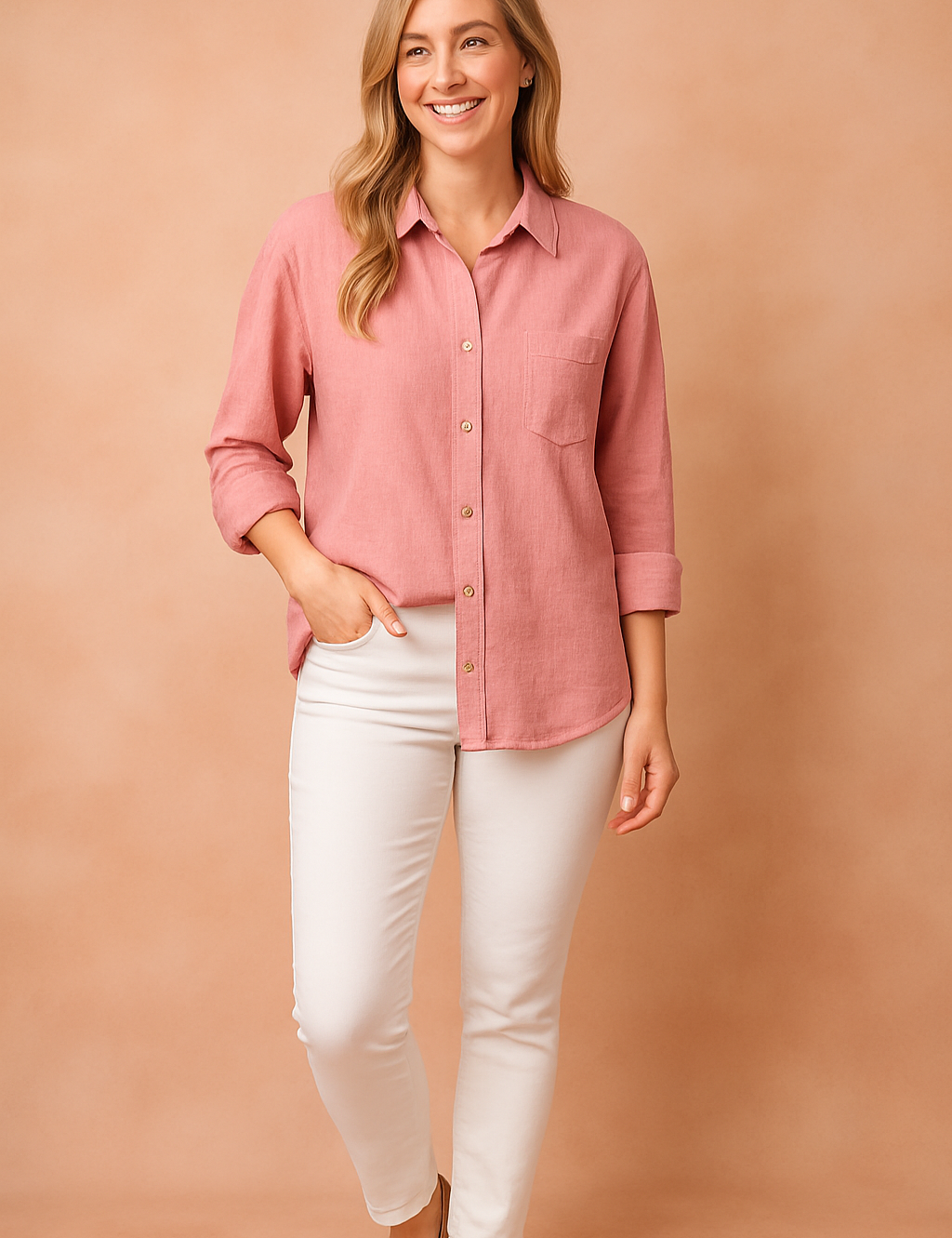 Oudroze blouse met kraag, knoopsluiting en borstzakje – luchtige linnenblend.
