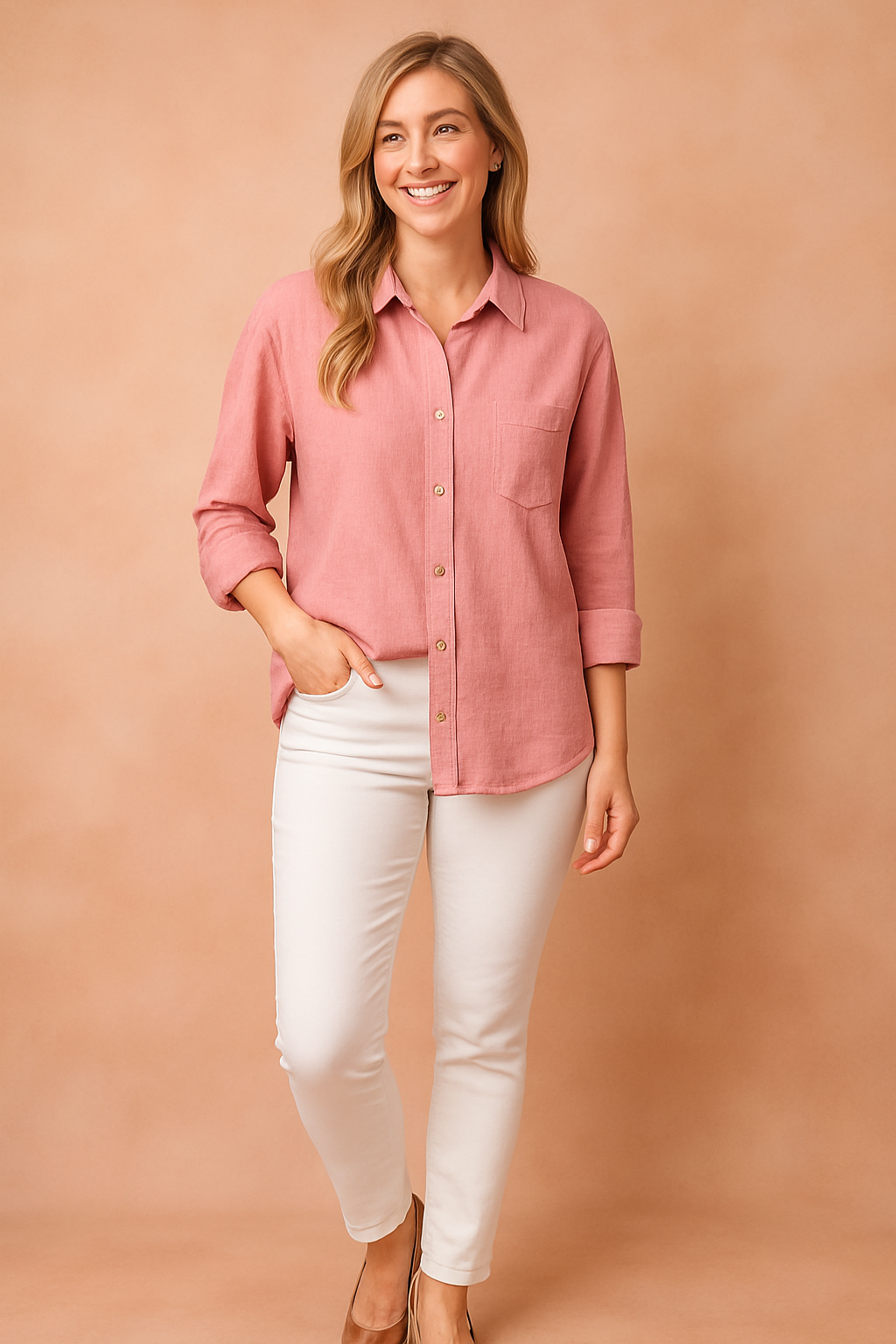 Oudroze blouse met kraag, knoopsluiting en borstzakje – luchtige linnenblend.