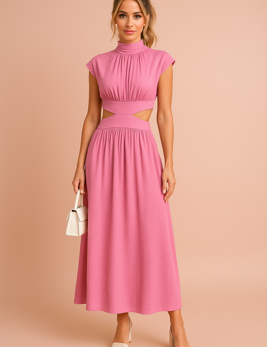 Roze midi jurk met hoge hals, uitgesneden taille en losvallende geplooide rok.