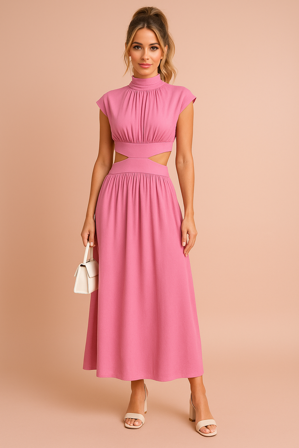 Roze midi jurk met hoge hals, uitgesneden taille en losvallende geplooide rok.