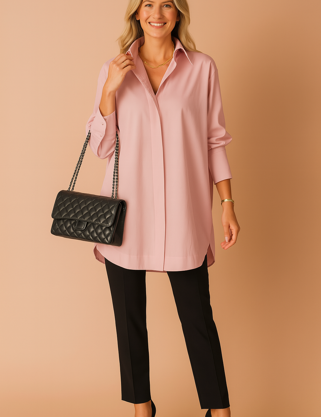 Lichtroze blouse in losvallend model met een klassieke kraag, lange mouwen en verborgen knopen. De soepele stof en lengte geven een verfijnde, vrouwelijke uitstraling.