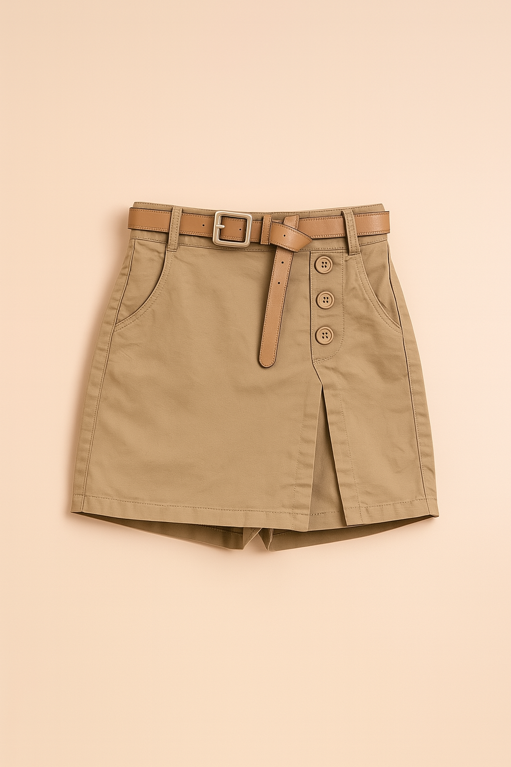 Khaki skort met hoge taille, knopen aan de voorkant en een lichtbruine riem, gecombineerd met een wit ribhemd — casual en zelfverzekerd voor zomerse dagen.