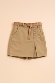 Khaki skort met hoge taille, knopen aan de voorkant en een lichtbruine riem, gecombineerd met een wit ribhemd — casual en zelfverzekerd voor zomerse dagen.