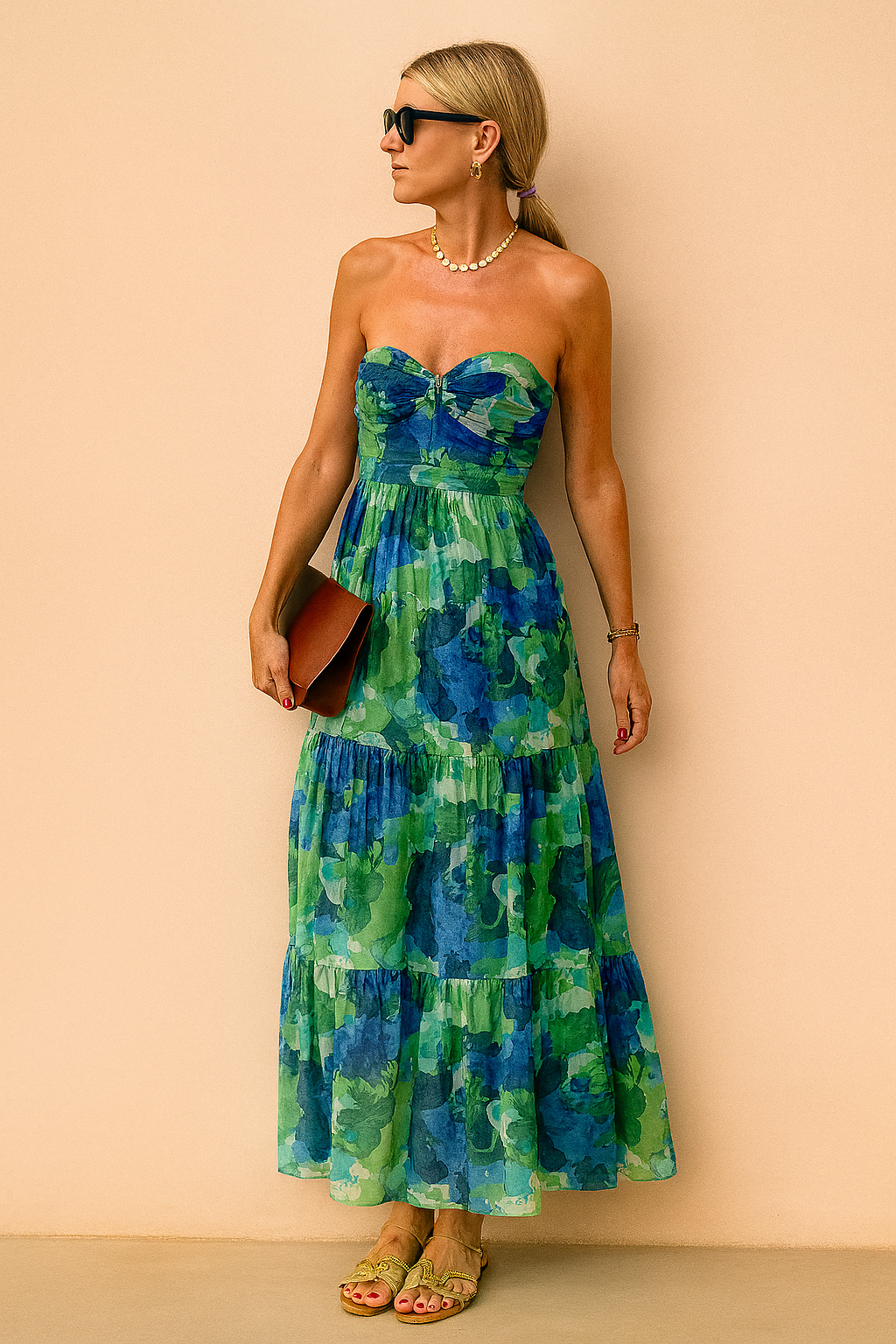 Strapless maxi-jurk met gelaagde rok en aquarel bloemenprint in blauw- en groentinten, gemaakt van luchtige chiffonstof.