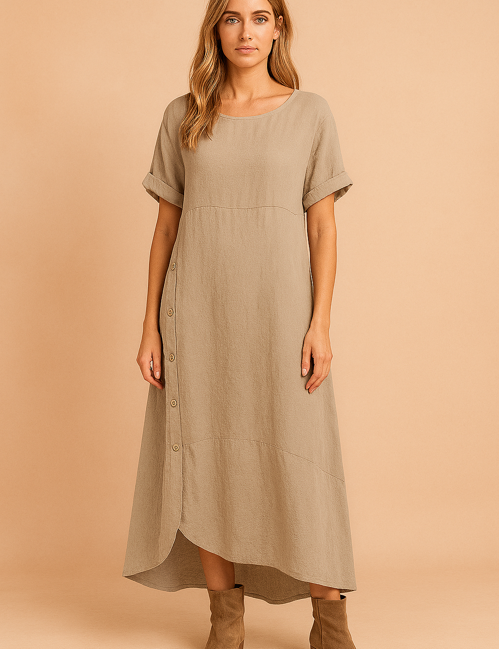 Midi-jurk van linnenmix in taupe met korte opgerolde mouwen, knoopdetails aan de zijkant en asymmetrische zoom.