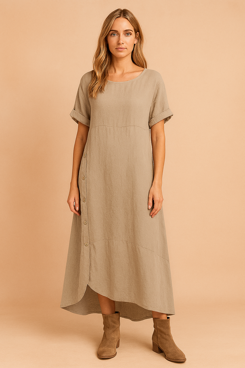 Midi-jurk van linnenmix in taupe met korte opgerolde mouwen, knoopdetails aan de zijkant en asymmetrische zoom.