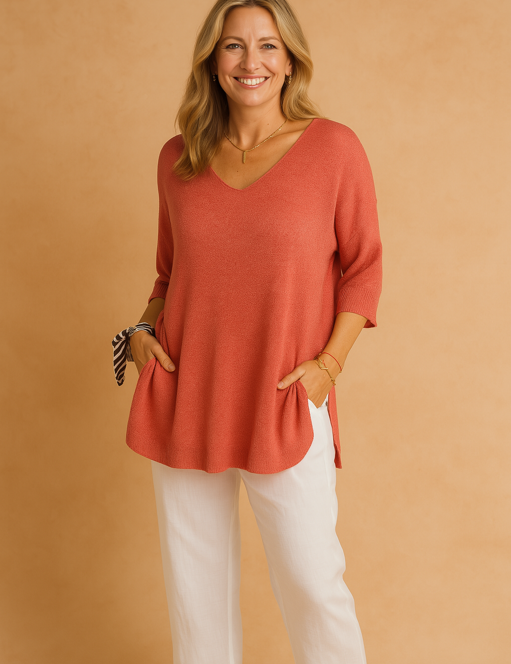 Relaxed fit trui met V-hals, halflange mouwen en een lichte A-lijnvorm. Gemaakt van zachte knit in warme terracotta tint — perfect voor het tussenseizoen.