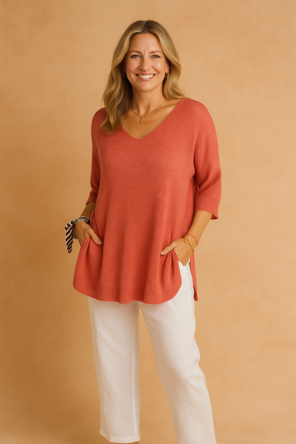 Relaxed fit trui met V-hals, halflange mouwen en een lichte A-lijnvorm. Gemaakt van zachte knit in warme terracotta tint — perfect voor het tussenseizoen.