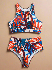 Tropisch bedrukte bikini met hoge hals en hoge taille slip in bladerenprint