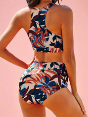 Tropisch bedrukte bikini met hoge hals en hoge taille slip in bladerenprint