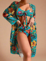 Turquoise bloemen bikini met hoge taille en bijpassende kimono