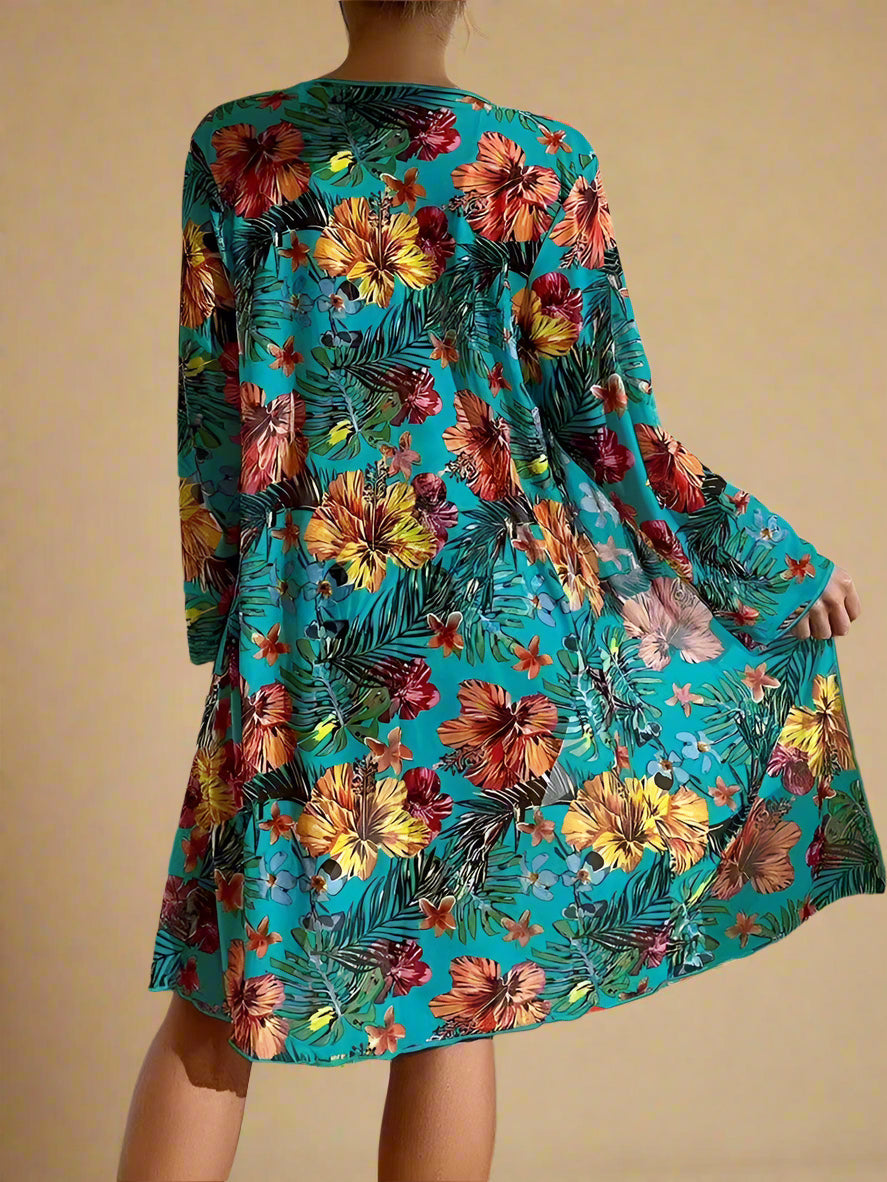 Turquoise bloemen bikini met hoge taille en bijpassende kimono