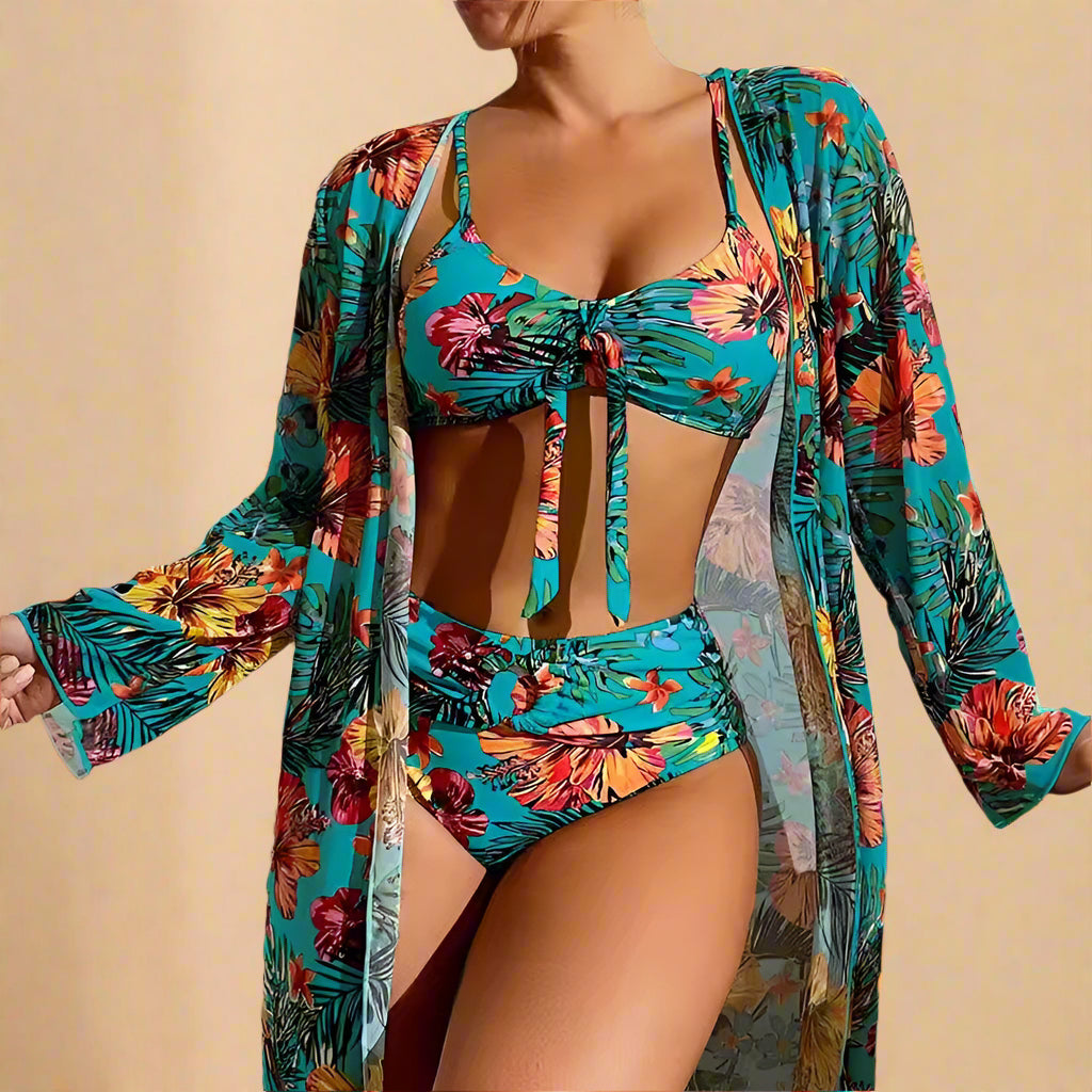 Turquoise bloemen bikini met hoge taille en bijpassende kimono