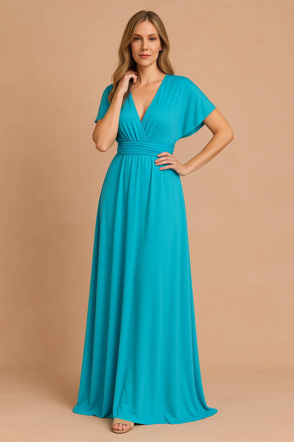 Turquoise maxi-jurk met vlindermouwen, overslagtop en elastische tailleband in gladde effen stof.
