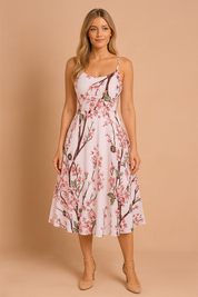 Mouwloze roze midi-jurk met spaghettibandjes en een bloesemprint in roze en groen over de hele stof, ontworpen met een flatterende A-lijn snit.