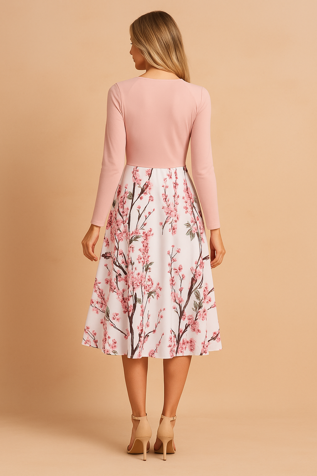 Mouwloze roze midi-jurk met spaghettibandjes en een bloesemprint in roze en groen over de hele stof, ontworpen met een flatterende A-lijn snit.