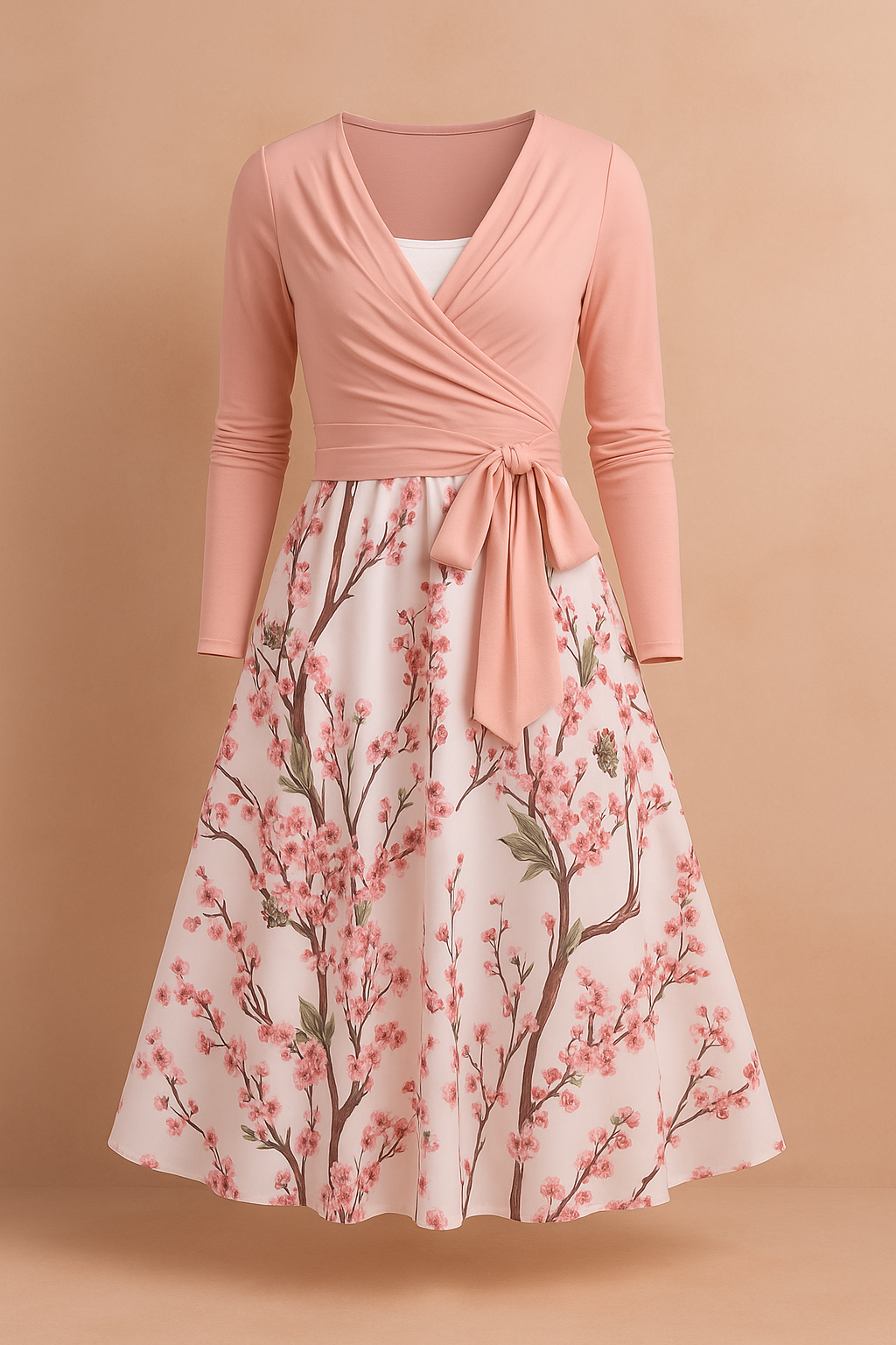 Mouwloze roze midi-jurk met spaghettibandjes en een bloesemprint in roze en groen over de hele stof, ontworpen met een flatterende A-lijn snit.