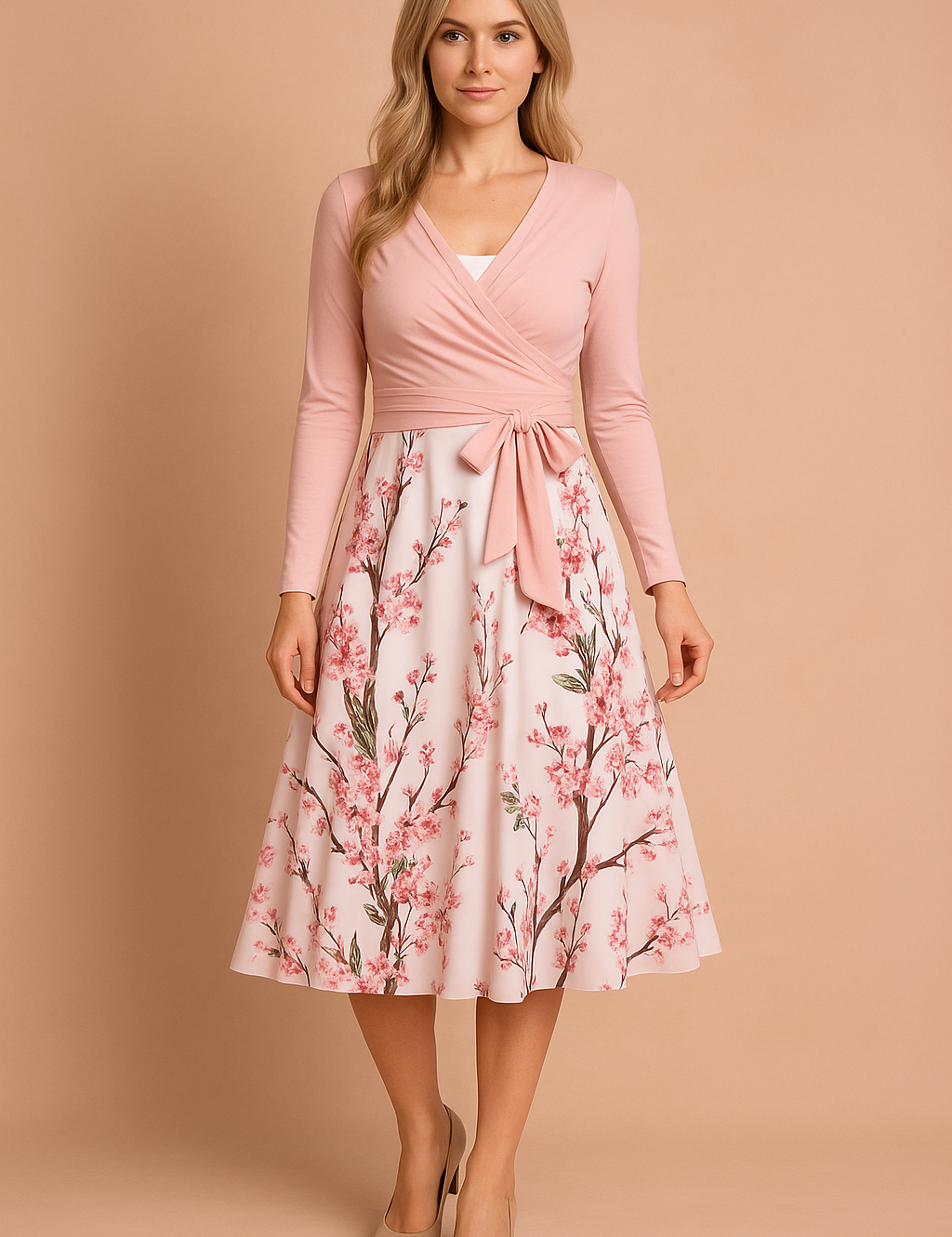 Mouwloze roze midi-jurk met spaghettibandjes en een bloesemprint in roze en groen over de hele stof, ontworpen met een flatterende A-lijn snit.