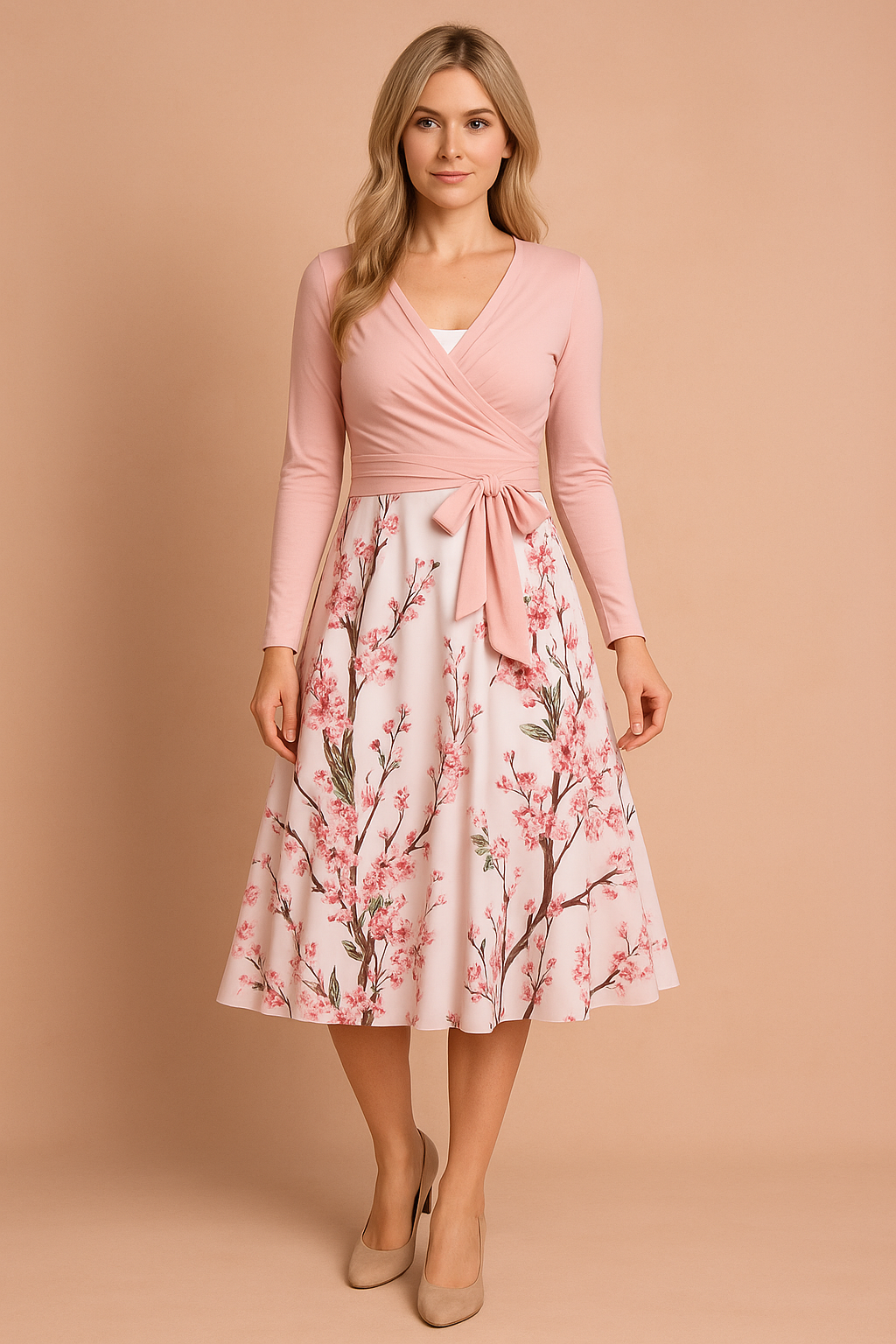 Mouwloze roze midi-jurk met spaghettibandjes en een bloesemprint in roze en groen over de hele stof, ontworpen met een flatterende A-lijn snit.