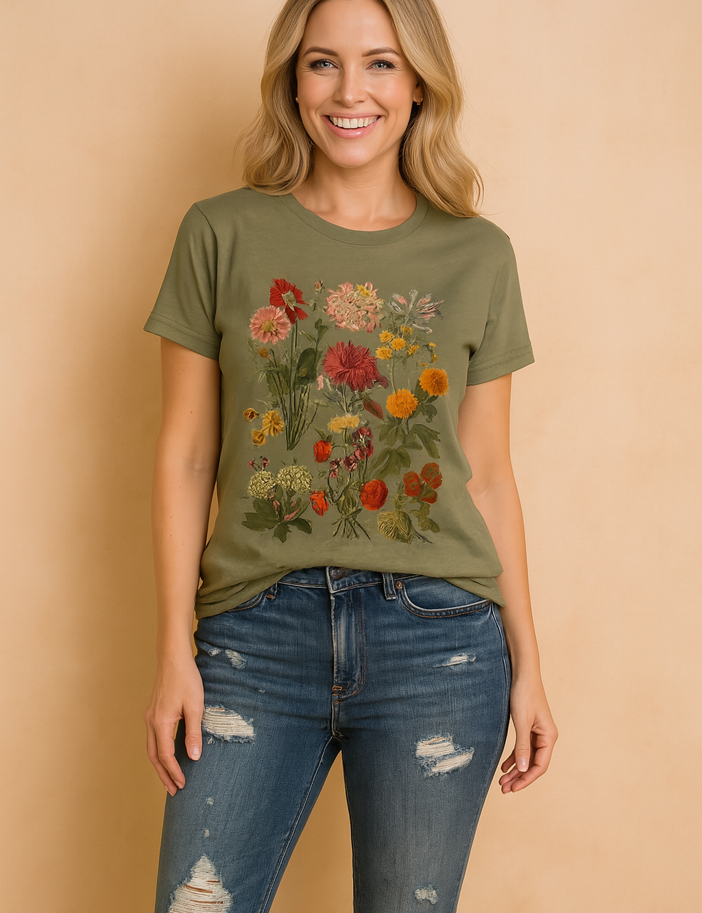 T-shirt van zachte jersey in legergroen met natuurgetrouwe bloemenprint op de borst, bestaande uit veldbloemen in rood, oranje, geel en roze tinten met gedetailleerde groene bladeren.