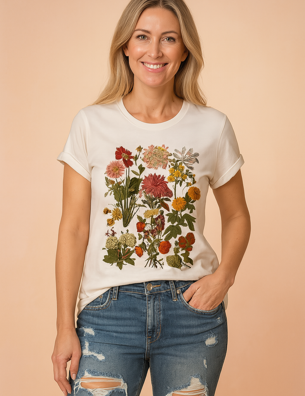 Gebroken wit T-shirt van katoen met kleurrijke botanische bloemenprint op de voorkant, waaronder realistische rode, roze, gele en oranje veldbloemen met fijne stelen en bladstructuur.