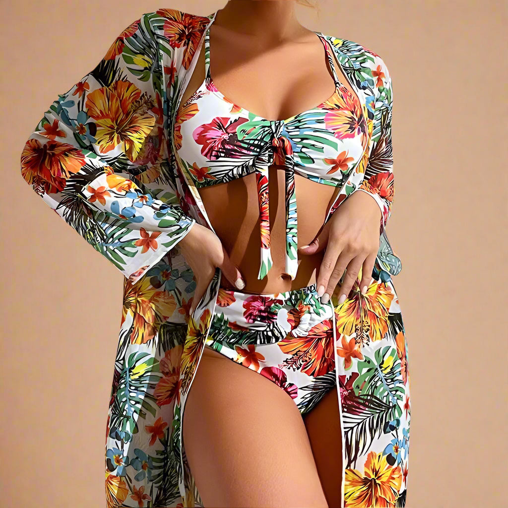 Witte bloemen bikini met hoge taille en transparante kimono