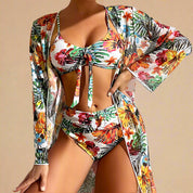 Witte bloemen bikini met hoge taille en transparante kimono